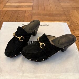 Gucci Horsebit Suede Mules with Gold Accents
